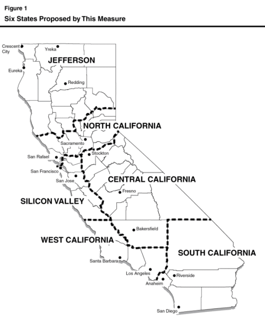 خريطة توضح كيفية تقسيم كاليفورنيا إلى ست ولايات