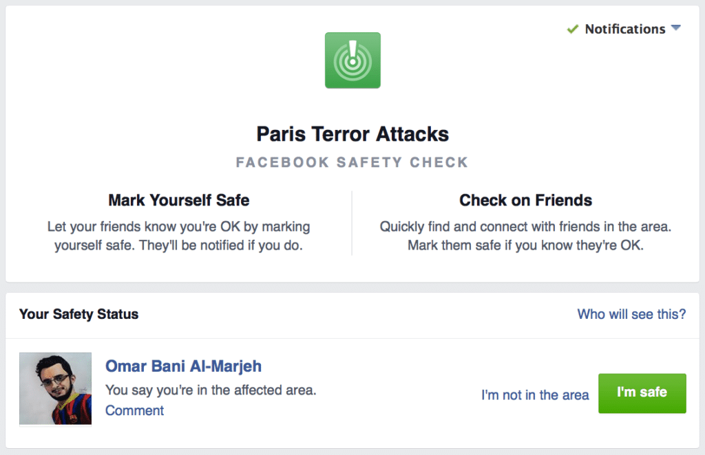 التأكد من سلامة الأشخاص في باريس عبر فيس بوك