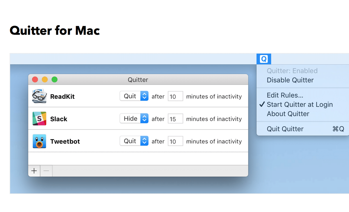 تطبيق Quitter لإغلاق التطبيقات على ماك بعد فترة محددة