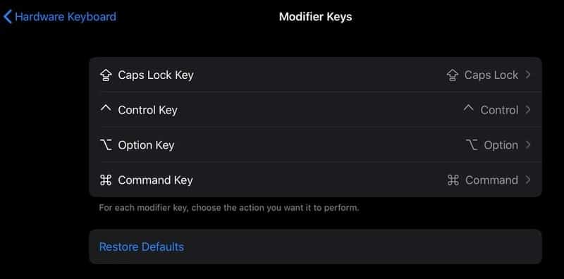 كيفية إعادة تعيين مفاتيح التعديل في جهاز آيباد عند استخدام لوحة المفاتيح