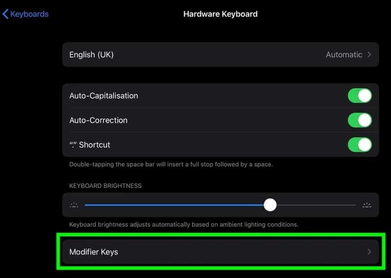 كيفية إعادة تعيين مفاتيح التعديل في جهاز آيباد عند استخدام لوحة المفاتيح