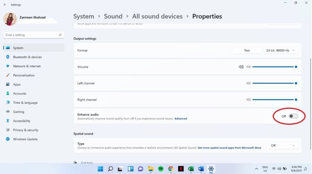 تحسين جودة الصوت في ويندوز 11