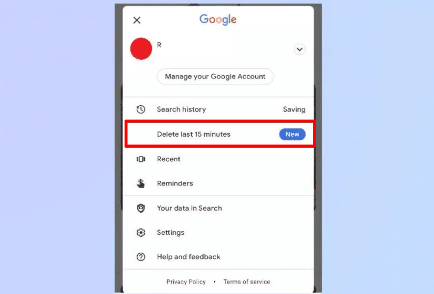 إمكانية حذف آخر 15 دقيقة من سجل البحث في تطبيق Google